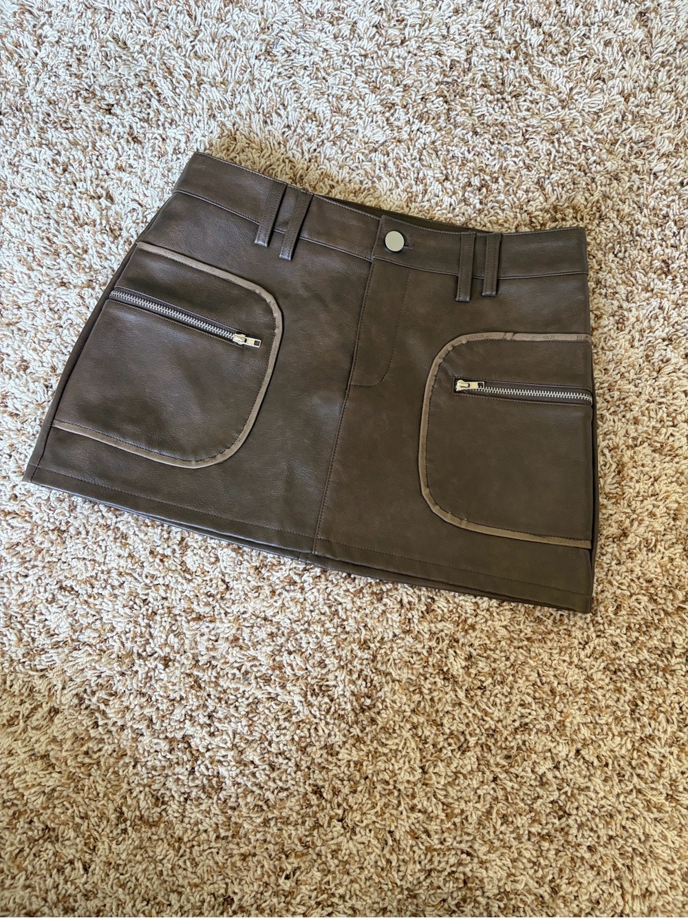 Forever 21 Dark Brown Faux Leather Mini Skirt with Front Zip Pockets